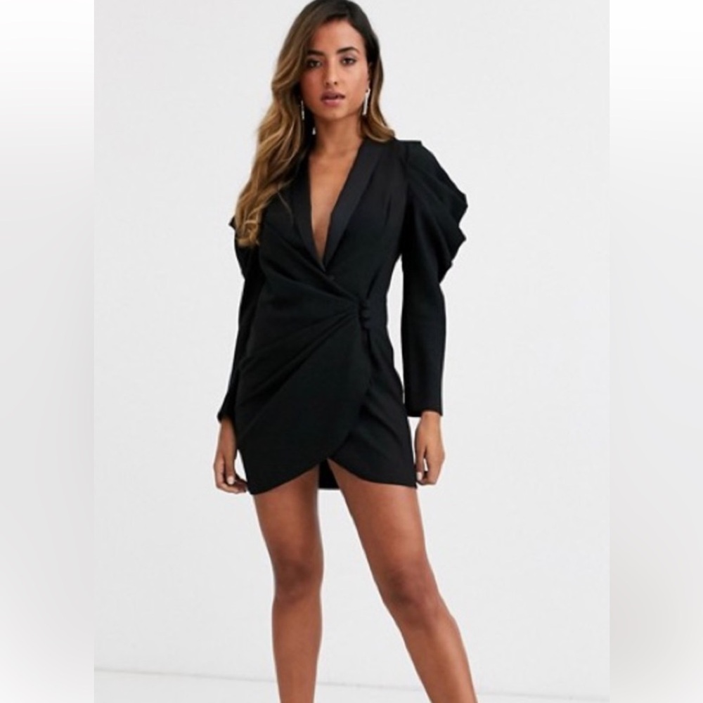 NWOT ASOS Drape Front Black Tuxedo Mini Dress Puff Sleeve Women’s Size 12 - Picture 3 of 13